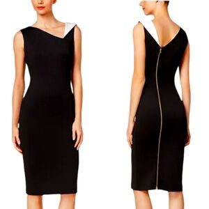Calvin Klein Dress Contrast Collar Sheath Scuba Black Midi Sleeveless As…